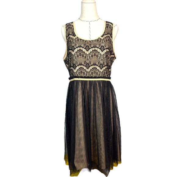A'reve Black Lace Tulle Dress Nude Lined Sleeveless Party Cocktail Size Large - Picture 1 of 10